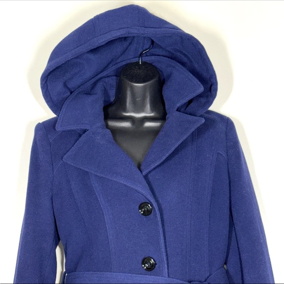 Diane Von Furstenberg DVF L Navy Blue wool Blend Coat trench removable hood - Picture 2 of 12
